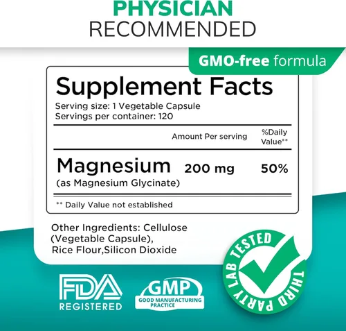 Miniatura 8 de Bisglicinato de magnesio 200 mg - Suplemento de magnesio quelado de alta absorción - Suave con el estómago, sin OMG, sin gluten, apoya el sueño