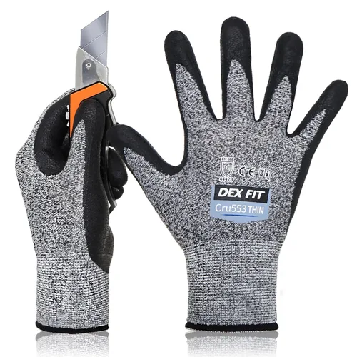 DEX FIT Guantes Cru553 resistentes a cortes extremos Level 5 delgados, con agarre de potencia antideslizante, ajuste cómodo 3D de grado profesional,