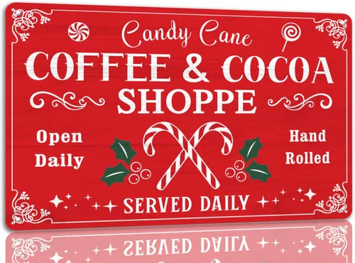 Letrero de hojalata de Café y Cacao Tienda divertido, letreros de metal navideños retro, letrero de Santa retro, decoración de pared navideña para P9