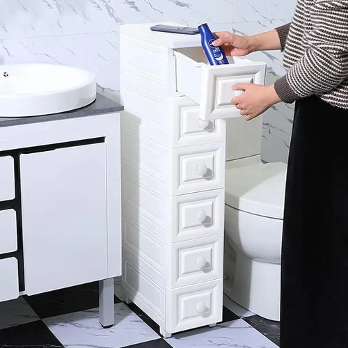 Miniatura 2 de Conworld Almacenamiento de baño de plástico delgado súper ligero, organizador de 5 niveles con 4 ruedas