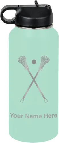 Miniatura 66 de LaserGram Botella de agua personalizada, palitos de lacrosse, acero inoxidable de doble pared aislada al vacío con popote superior, regalo grabado