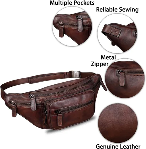 Miniatura 6 de Riñonera de cuero genuino Riñonera de cuero de vaca casual senderismo Sling Bag Crossbody Pecho Bolsas hombro Daypack, Café, Vintage