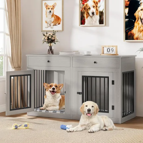 Miniatura 8 de DWVO Muebles de jaula doble de 60 pulgadas para 2 perros, soporte de TV de jaula de perro de madera resistente con divisor removible y cajones