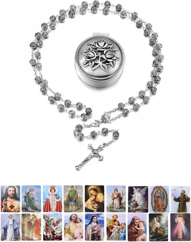 SZQCZB Collar católico con cuentas de rosario, regalos de primera comunión católica, con lujosa caja de metal, Plástico, No es una piedra preciosa