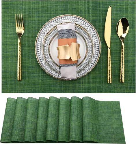 SLKQG Juego de 8 manteles individuales verdes de vinilo, lavables y resistentes al calor, para mesa de comedor, 17 x 12 pulgadas (verde, 8)