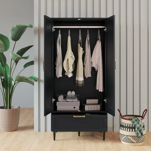 Miniatura 4 de Armario Morden para dormitorio, armario con barra para colgar, 60 pulgadas, 2 puertas, para ropa con cajones, armario de almacenamiento Morden, Negro