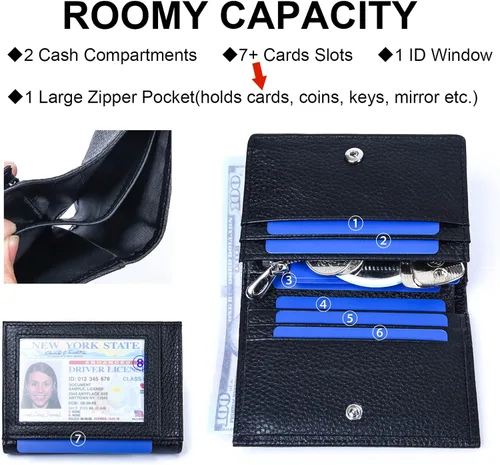 Miniatura 2 de Fependu Cartera pequeña para mujer, con bloqueo RFID, de piel auténtica, compacta, plegable, con bolsillo, con cremallera, mini monedero