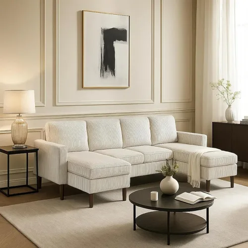 Miniatura 2 de Benzara Nyla All-in-One Sectional Sofa Set with Double Chaise, Beige Corduroy