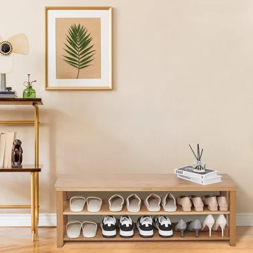 Miniatura 8 de Zapatero de madera maciza, 2 niveles, de madera real, resistente, organizador de zapatos, para entrada, pasillo, vestíbulo, sala de estar, Natural