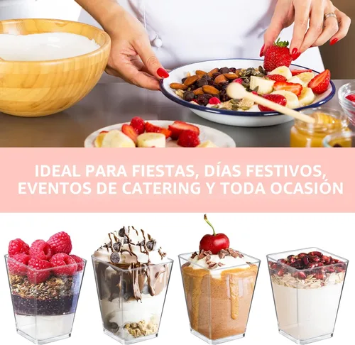 Miniatura 4 de Eupako Paquete de 100 vasos cuadrados de plástico transparente de 5 onzas con cucharas, vasos pequeños de plástico transparente ideal para postres