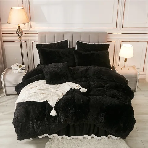 annadaif Funda de edredón de felpa negra tamaño Queen, funda de edredón de terciopelo de piel sintética suave y esponjosa, juegos de ropa de cama