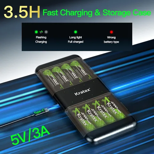 Miniatura 2 de Kratax Baterías de litio recargables AA de 3700 mWh con cargador, paquete de 4 baterías de iones de litio dobles A de alta capacidad de 1.5 V, larga
