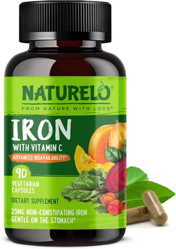 NATURELO Suplemento de hierro vegano con vitamina C y alimentos integrales orgánicos, píldoras de hierro suaves para mujeres y hombres con