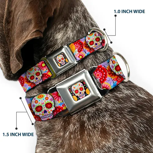 Miniatura 2 de Collar de perro hebilla de cinturón de seguridad Sugar Skull Starburst blanco multicolor 13 a 18 pulgadas 1.5 pulgadas de ancho