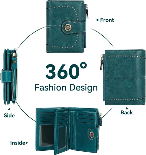 Miniatura 5 de Cartera pequeña de piel plegable para mujer, de gran capacidad, con bloqueo Rfid, con cremallera, con 16 ranuras para tarjetas y 2 ventanas