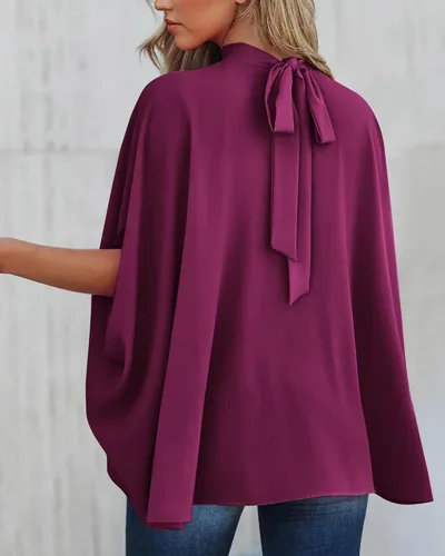 Miniatura 97 de BTFBM Blusas de verano para mujer, cuello alto falso, manga murciélago, holgadas, dobladillo alto y bajo, blusas informales de gran