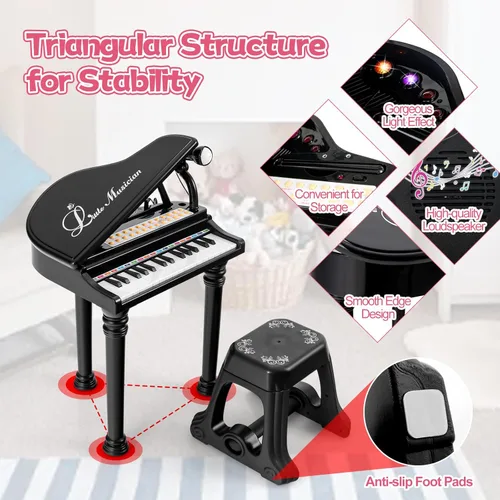 Miniatura 6 de HONEY JOY Piano clásico para niños, mini piano de cola de juguete de 31 teclas con soporte de música y taburete, piano electrónico portátil