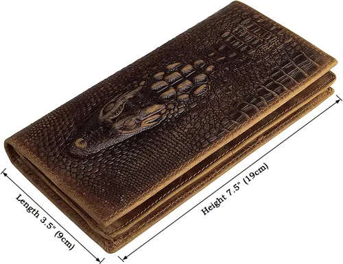 Miniatura 5 de Cartera larga para hombre, doble pliegue, piel de vaca de grano superior, estampado de cocodrilo, múltiples ranuras para tarjetas., Marrón, Vogue