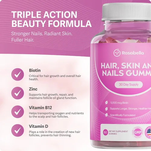Miniatura 3 de Rosabella Gomitas para el crecimiento del cabello para mujeres y hombres – Gomitas veganas para el cabello con 5000 mcg de biotina – Vitaminas