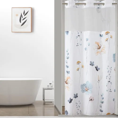 Miniatura 13 de QiyI Cortina de ducha de flores con forro a presión, cortina de baño de tela floral de acuarela azul beige, cortinas de ducha sin gancho con ventana