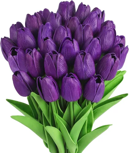 Miniatura 15 de MACTING - 30 flores artificiales de tulipán, tulipanes falsos de tacto real, flores artificiales de primavera, tulipanes de imitación para arreglos