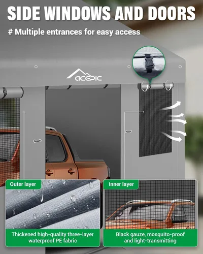 Miniatura 6 de Acepic Cochera resistente mejorada de 13 x 20 pulgadas, cuenta con ventanas y puertas enrollables, garaje portátil con lona resistente a los rayos