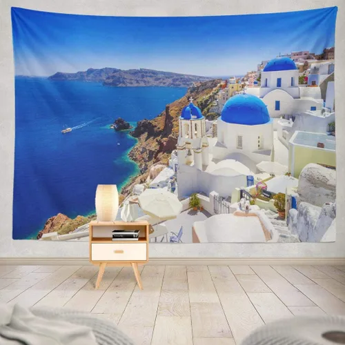 ASOCO Tapiz de Santorini para colgar en la pared, hermoso pueblo, isla Santorini, isla Santorini, hito de la naturaleza y Europa, tapiz de pared