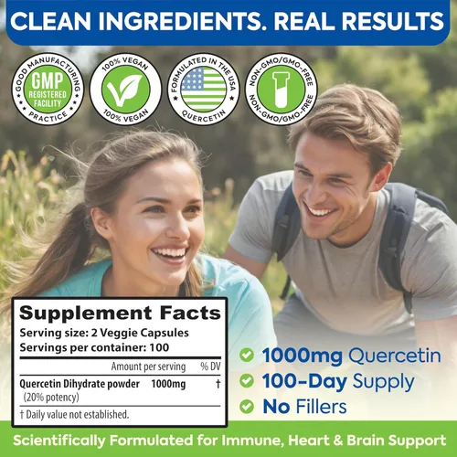 Miniatura 3 de Quercetina de 1000 mg - 200 cápsulas Apoyo inmunológico, antioxidante para alivio estacional de los senos nasales y salud cardiovascular