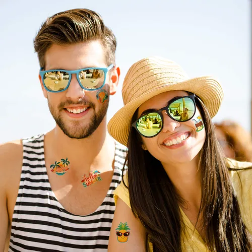 Miniatura 6 de Patelai 144 tatuajes temporales de verano, tatuajes de playa, hawaianos Luau, regalos de fiesta, calcomanías tropicales impermeables Hola verano
