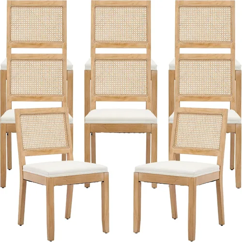 Miniatura 47 de Juego de 2 sillas de comedor de campo francés, sillas de comedor de madera de granja beige, silla de comedor con respaldo tejido con cojín tapizado