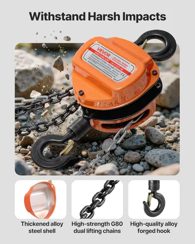 Miniatura 5 de VEVOR Polipasto de cadena manual, capacidad de 1/2 tonelada de 1100 libras, bloque de cadena manual con cadena galvanizada G80 mejorada, altura