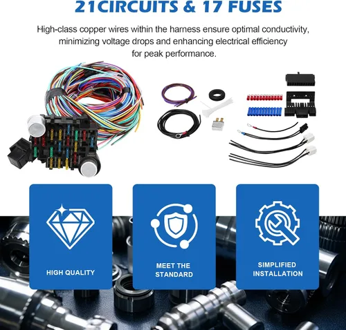 Miniatura 4 de Kit de arnés de cableado universal – 21 mazos de cableado de circuitos de color estándar kit de reemplazo para Chevy Mopar Hotrods Ratrods Ford