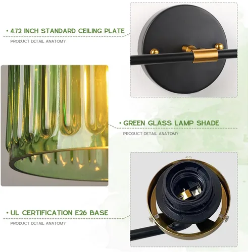 Miniatura 3 de Lámparas de baño de mediados de siglo, aplique de pared de 2 luces con pantalla de vidrio con rayas verdes, luz de montaje en pared, luces modernas