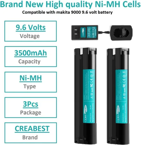 Miniatura 2 de CREABEST Paquete de 2 baterías Ni-MH de 9.6 V 3500 mAh compatibles con Makita 9000 9001 9002 9033 9600 96003 193890-9 192696-2 632007-4 e incluye un