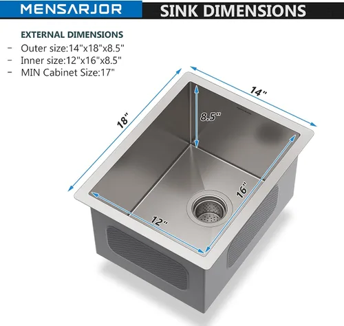 Miniatura 2 de MENSARJOR Fregadero de montaje inferior de 14 x 18 pulgadas, acero inoxidable de calibre 16, hecho a mano para cocina, bar o uso al aire libre