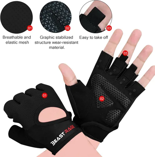 Miniatura 2 de BEAST RAGE Guantes de entrenamiento para hombres y mujeres, guantes de gimnasio sin dedos con protección de la palma, transpirables y ligeros
