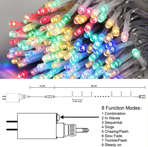 Miniatura 4 de LJLNION Guirnalda de 300 luces LED para exteriores e interiores, luces de Navidad extralargas de 98.5 pies, 8 modos de iluminación, luces de hadas
