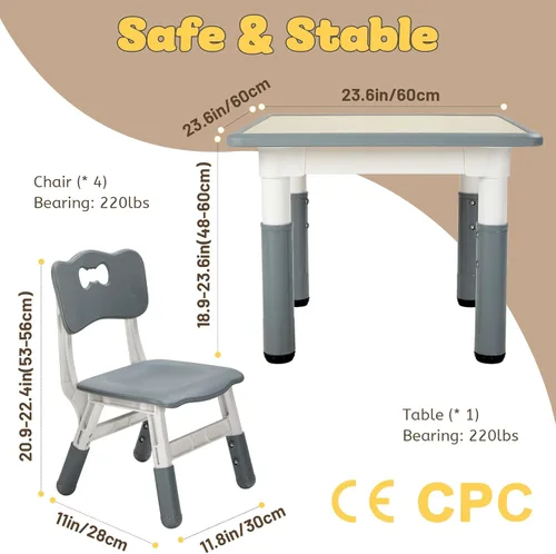 Miniatura 6 de FUNLIO - Juego de mesa y 4 sillas para niños, mesa y sillas ajustables en altura para niños de 3 a 8 años, mesa fácil de limpiar para manualidades