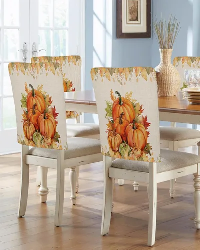 Juego de 8 fundas para silla de comedor con diseño de calabazas naranjas y hojas de arce, fundas extraíbles para silla de cocina de Acción de