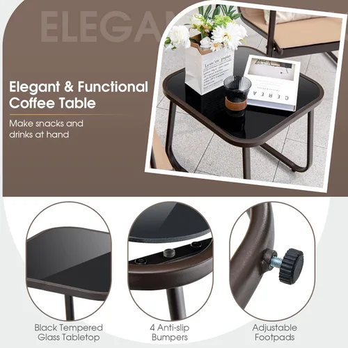 Miniatura 7 de Tangkula Juego de 3 piezas de conversación para patio, juego de silla y mesa de metal para exteriores, tela transpirable y mesa de vidrio templado