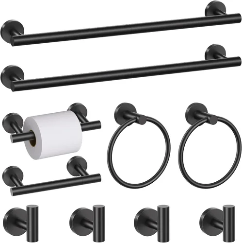 Miniatura 11 de Juego de 5 accesorios de baño negro mate, juego de toallero de 23.6 pulgadas, soporte de papel higiénico de acero inoxidable, toalleros redondos