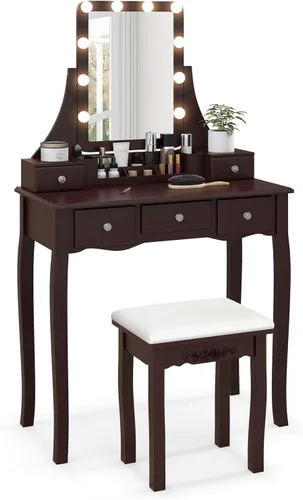 Miniatura 9 de CHARMAID - Mesa de tocador con espejo y luces, mesa de maquillaje con 5 cajones de almacenamiento, 3 modos de iluminación de color, brillo Espresso