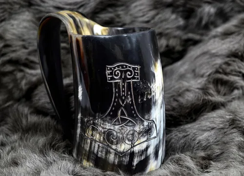 Miniatura 8 de Taza de cuerno de buey vikingo, 16–20 oz (Worthy Mjolnir) Taza de cuerno de buey y stein de café Elegante y hecha a mano para hombres y mujeres