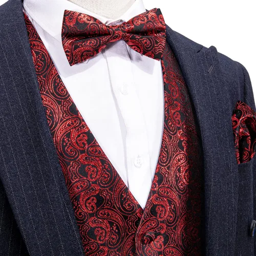 Miniatura 85 de Barry.Wang Conjunto de chaleco de pajarita para hombre, chaleco con cuello en V de seda jacquard de cachemira, gemelos de pañuelo formal/ocio, boda