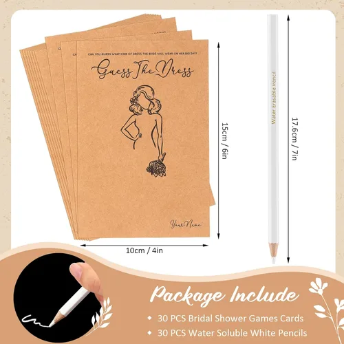 Miniatura 2 de Fulmoon 30 juegos de Adivina el vestido, juegos de despedida de soltera para invitados, incluyen tarjetas de juegos de ducha de boda, lápices Marrón
