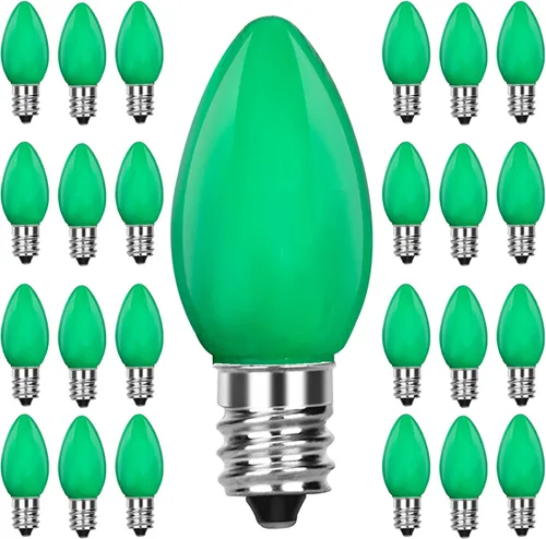 Paquete de 25 bombillas LED C7 de repuesto verdes, bombillas verdes clásicas C7, luz de Navidad vintage para luces de cadena de exterior, patio e