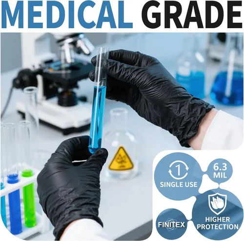 Miniatura 5 de FINITEX Guantes desechables de nitrilo negro para examen médico, 100/1000 unidades, 6.3 mil sin polvo, sin látex, guantes para alimentos Negro