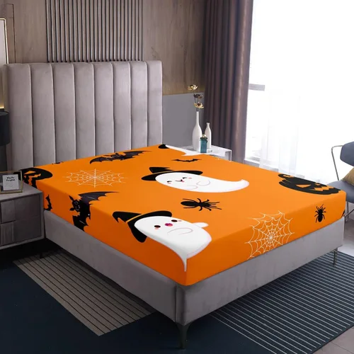 Miniatura 4 de Erosebridal Divertida sábana bajera ajustable de Halloween para niños, lindo juego de ropa de cama de calabaza fantasma, decoración de Halloween