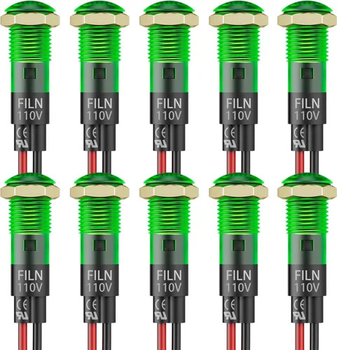 10 Luces Indicadoras LED Pequeñas de 110V, 8mm (5/16") IP67 Impermeables de Baja Potencia Luces Piloto Montaje en Panel para Automóvil, Camión, Verde