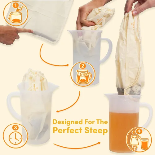 Miniatura 6 de Paquete de 2, bolsa de filtro de café frío grande de 12 x 12 pulgadas para tarro de masón, reutilizable, tela de algodón 100% orgánico con cordones